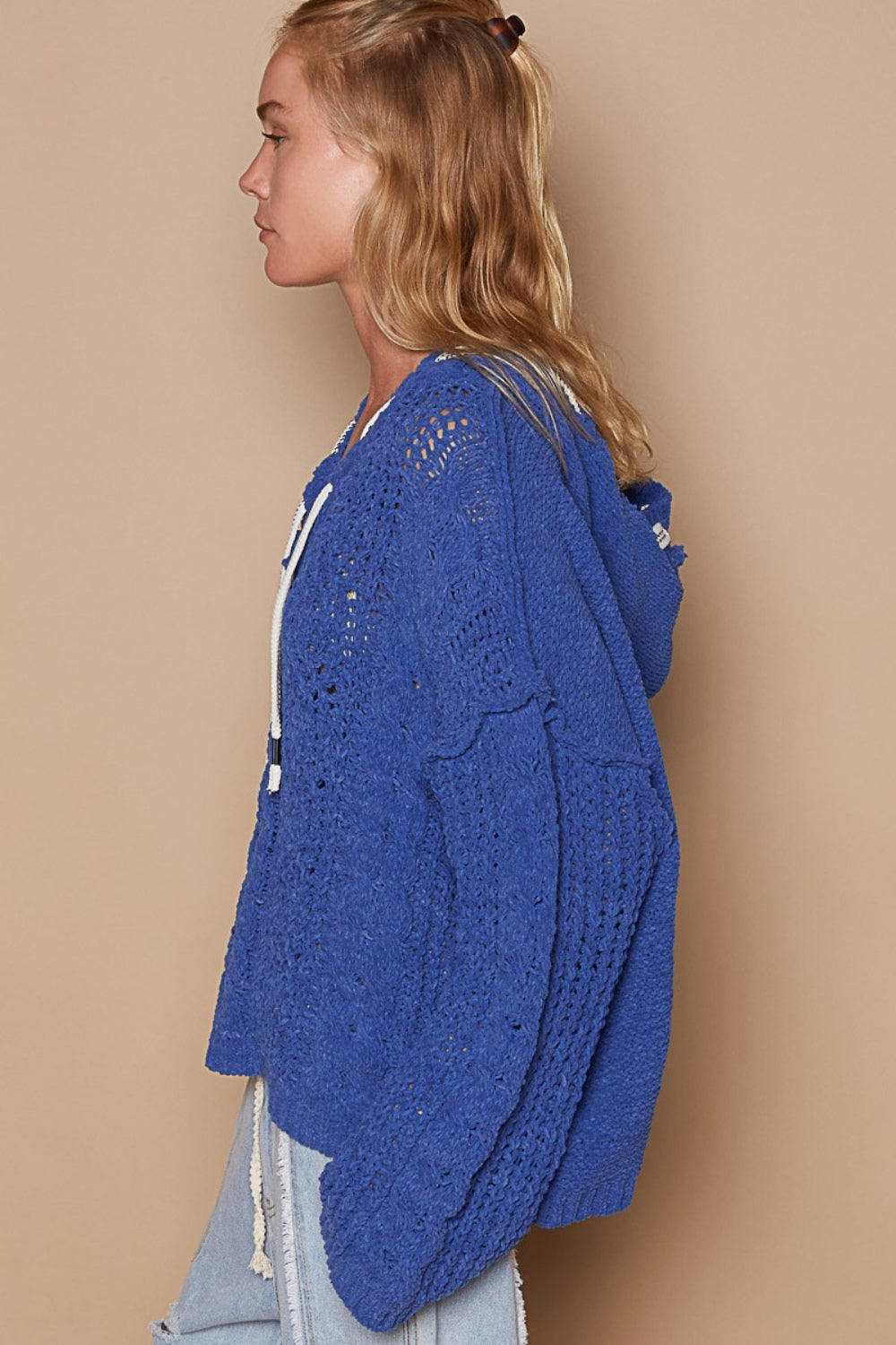 POL Blue Cable Knit Hooded Chenille Sweater