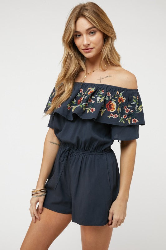 DAVI & DANI Floral Embroidered Off Shoulder Romper