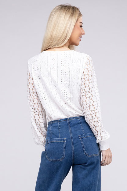 NUVI APPAREL White Lace Trim Top with V-Neckline