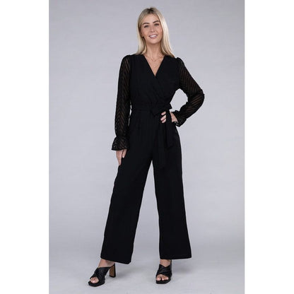 NUVI APPAREL Sheer sleeve and Wide leg Jumpsuit