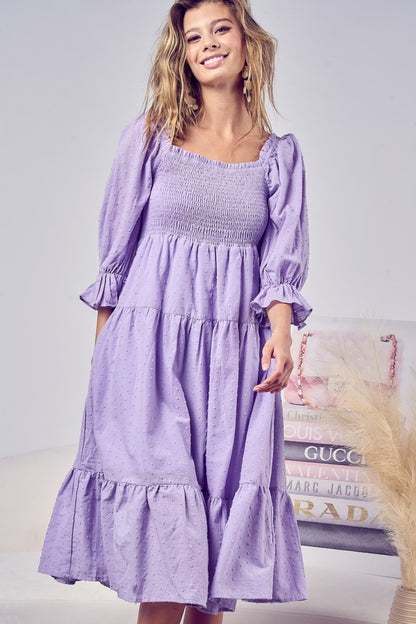 BiBi Lavender Swiss Dot Flounce Sleeve Smocked Tiered Midi Dress