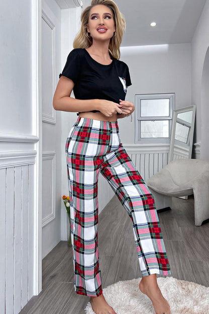 H2J 2 Piece Lounge Set with Black Lettuce Trim Cropped T-Shirt and Red Plaid Pants