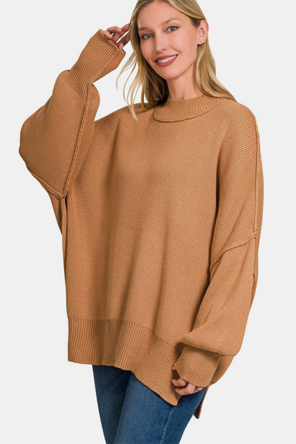 ZENANA Camel Side Sit Oversize Pullover Sweater