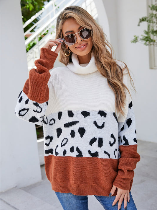 White Leopard Color Block Turtleneck Sweater