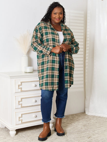 MANDY Long Buttoned Up Plaid Shirt with Side Pockets - Up to 2XL