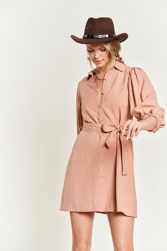 JADE BY JANE Women's Button-down Mini Belted Pencil Shirt Dress with Half Balloon Sleeves