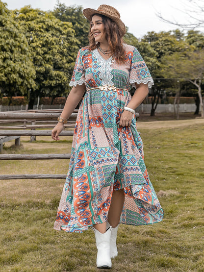 H.R.Z. Plus-size Printed Half Sleeves Western-style Maxi Dress with Laced Details