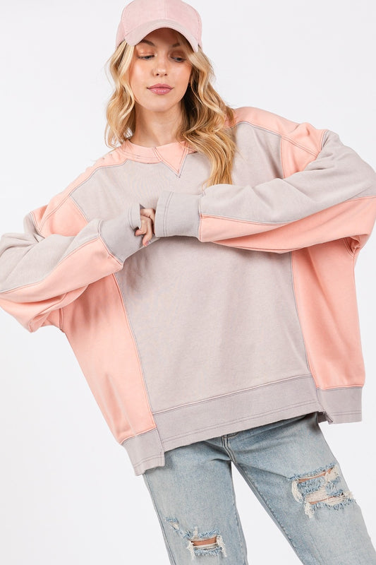 SAGE + FIG Grey-Peach Color Contrast Round Neck Sweatshirt