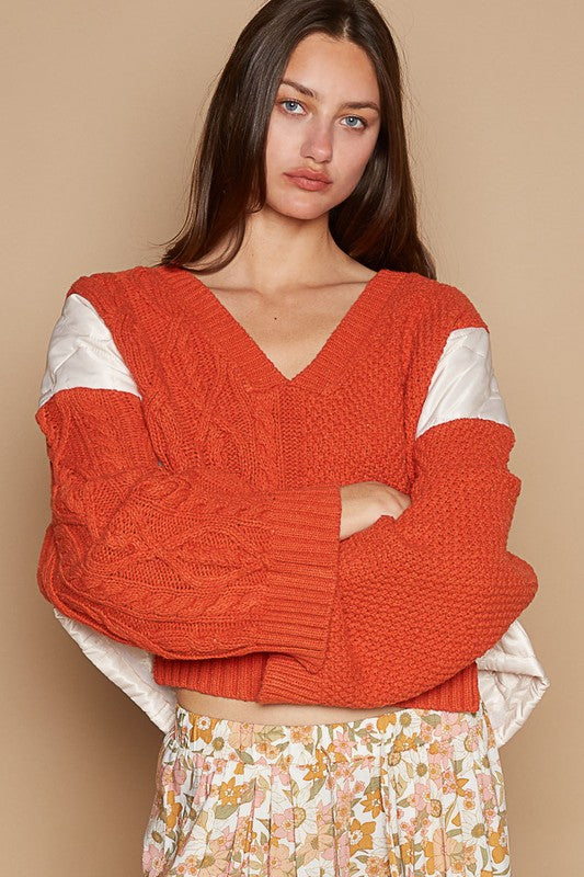 POL Women's Orange Cable Knit Quilting Patch V-Neck Contrast Sweater