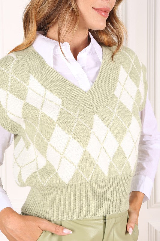 LILOU Knitted Argyle Sweater Vest