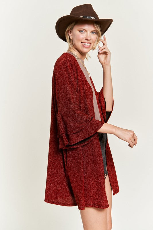 JADE by JANE Women's Red Kimono Glitter Cardigan with Bell Sleeve