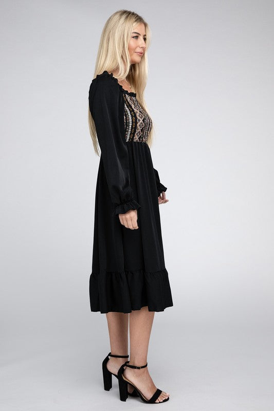 NUVI APPAREL Black Square Neck Smocked Dress