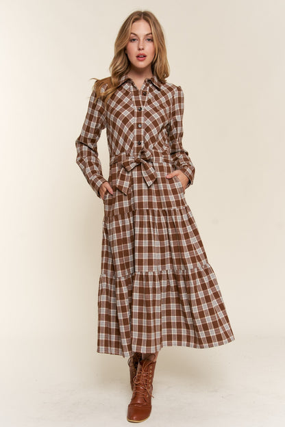 AND THE WHY Brown Plaid Tiered Midi Shirt Dress