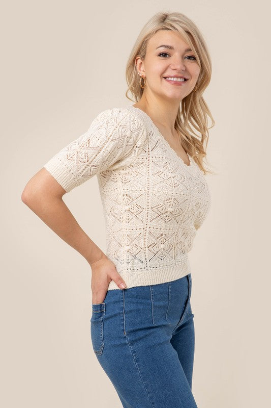 LILOU Ivory Crochet Knit Top