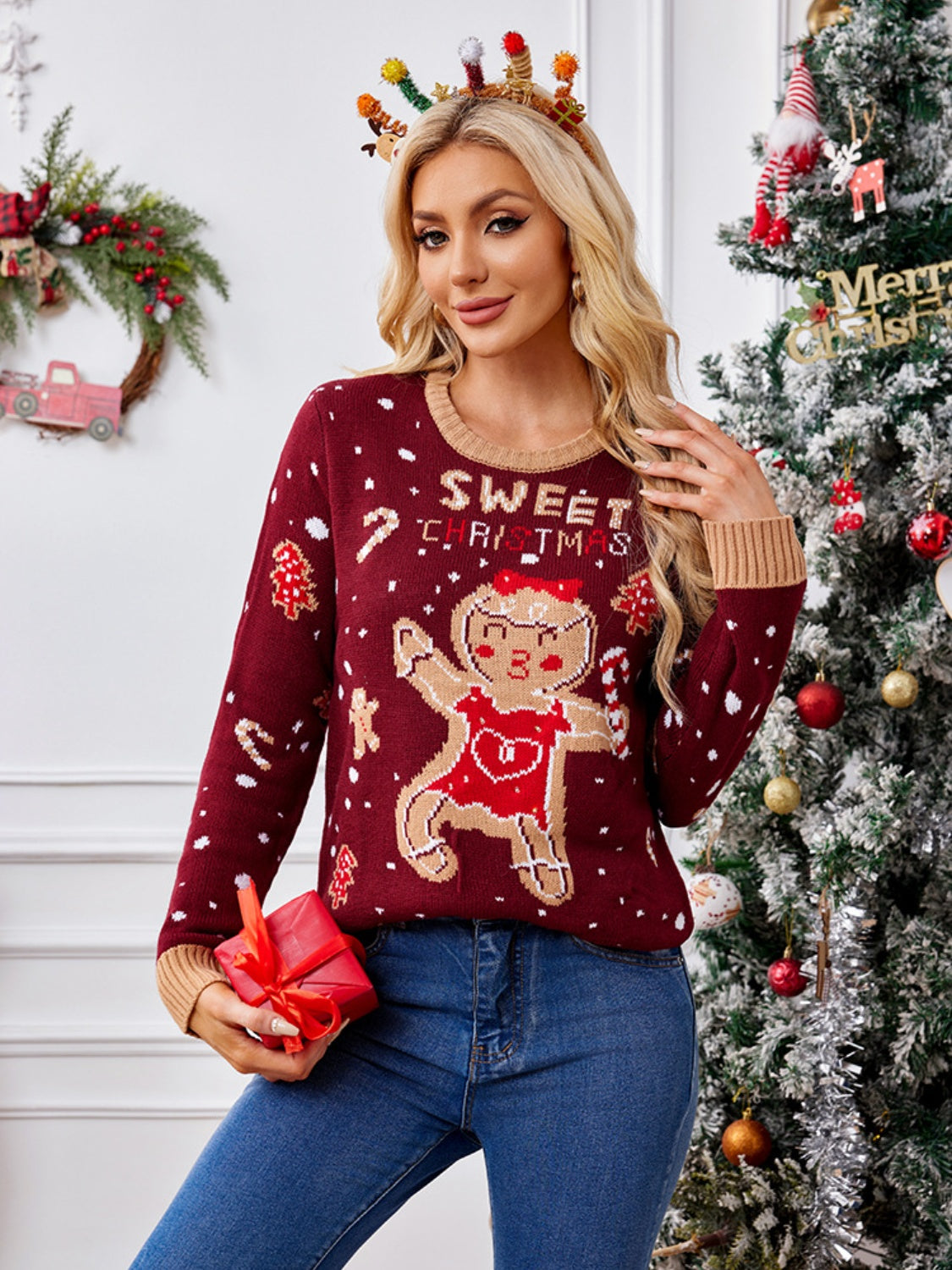 Gingerbread Round Neck Long Sleeve Ugly Christmas Sweater