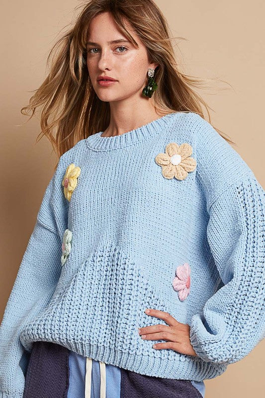 POL Women's Light Blue Crochet Flower Round Neck Dropped Shoulder Sweater