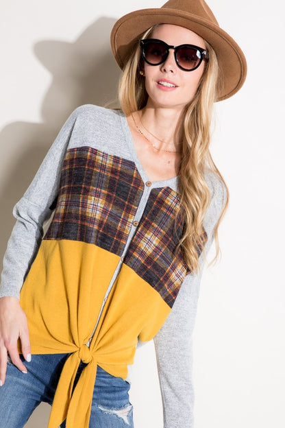 E LUNA Plaid Contrast Mixed Long Sleeves Top