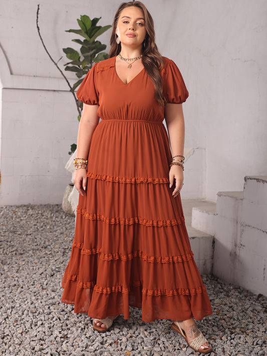 H.R.Z. Rust Boho Plus Size Dress with Ruched Lace Detail V-Neck & Short Sleeves