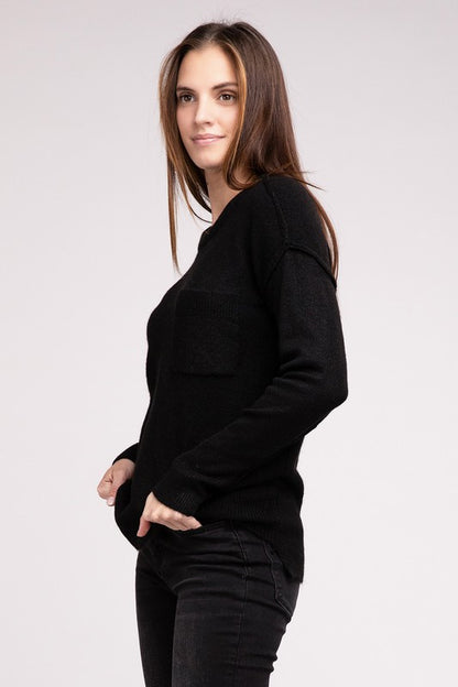 ZENANA Melange Hi-Low hem Round Neck Sweater