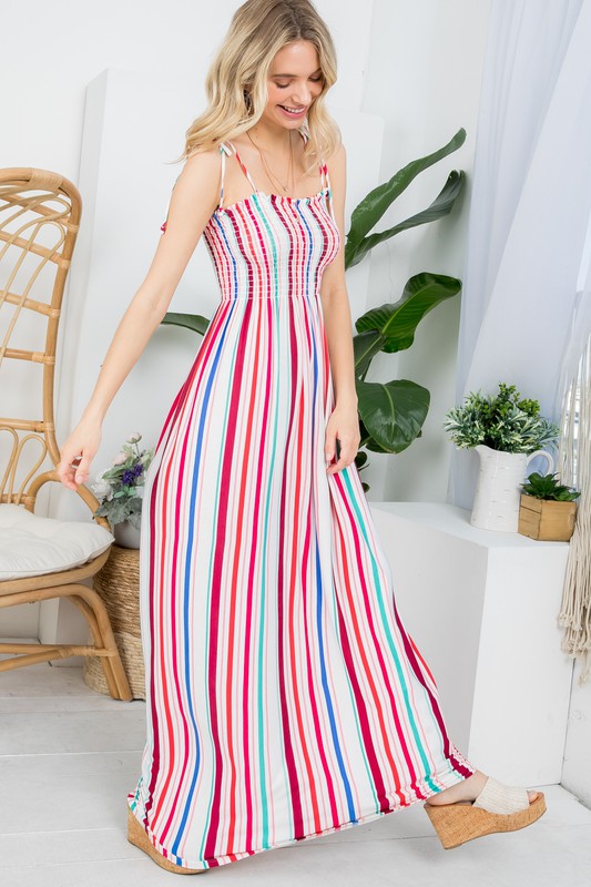 E LUNA Stripe Smocked Maxi Tank Dress