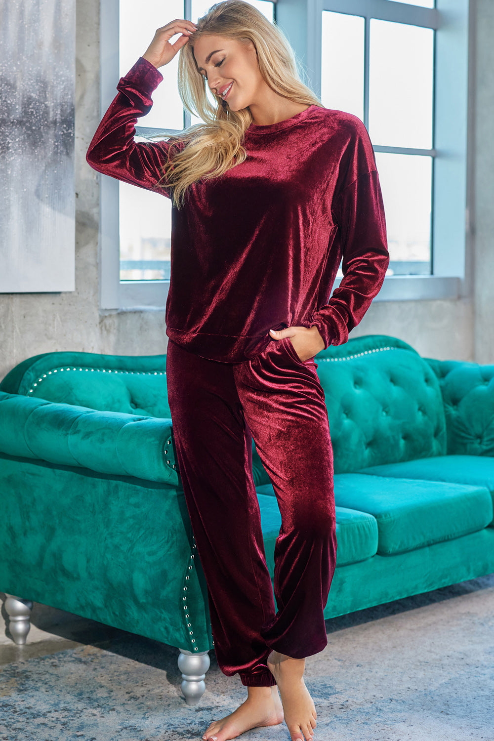 SYNZ Red Velvet Long Sleeve Top and Pants Lounge Set