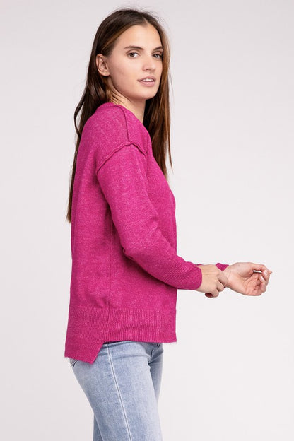 ZENANA Melange Hi-Low hem Round Neck Sweater