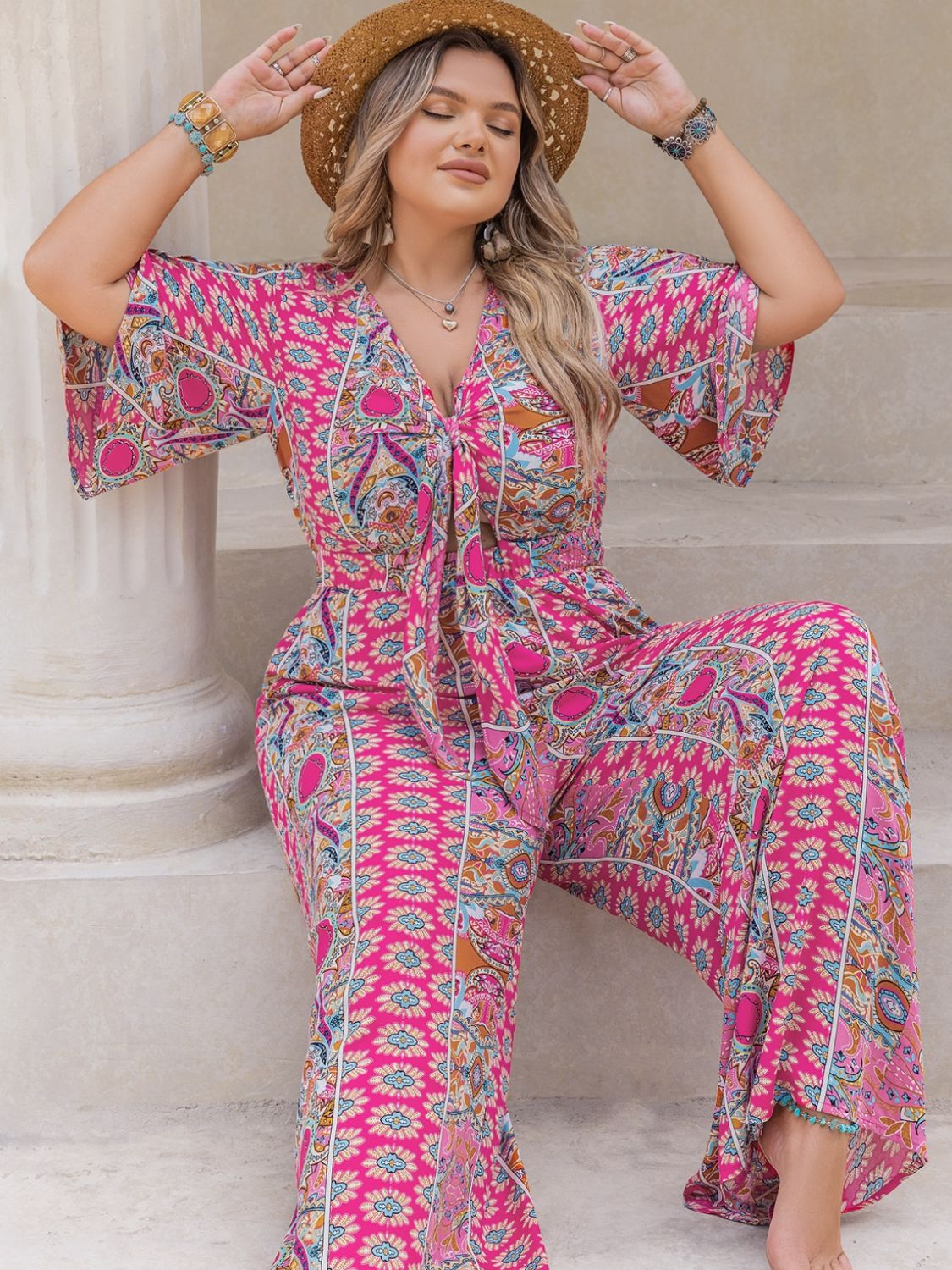 H.R.Z. Plus Size Printed Half Sleeve Wide Leg Jumpsuit