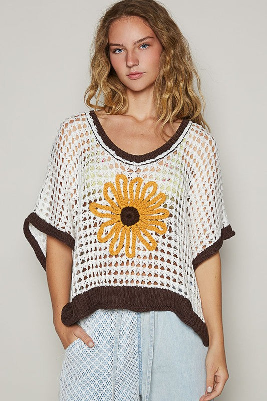 POL Hollow Out Flower Half Sleeve Knit Cover Up Top