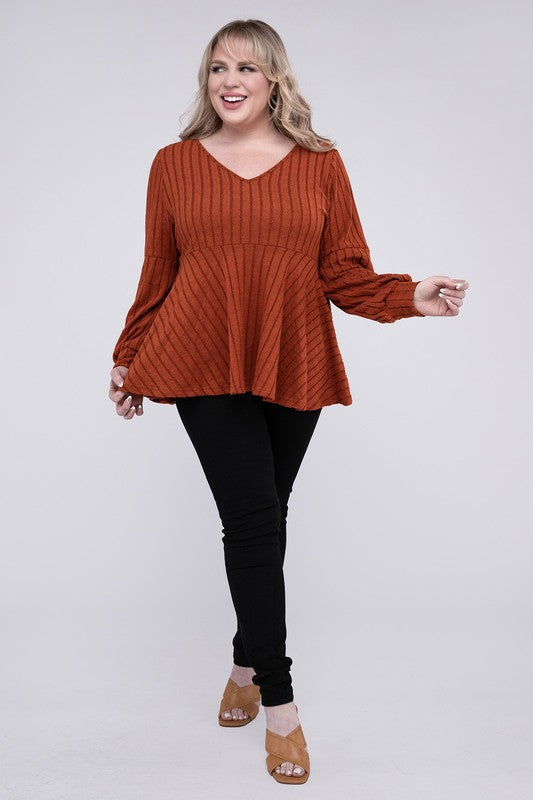 NUVI APPAREL Brown Plus-size Autumn V Neck Sweater with Ruffled Hem