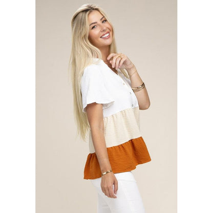 NUVI APPAREL Color Block Notched Neck Blouse