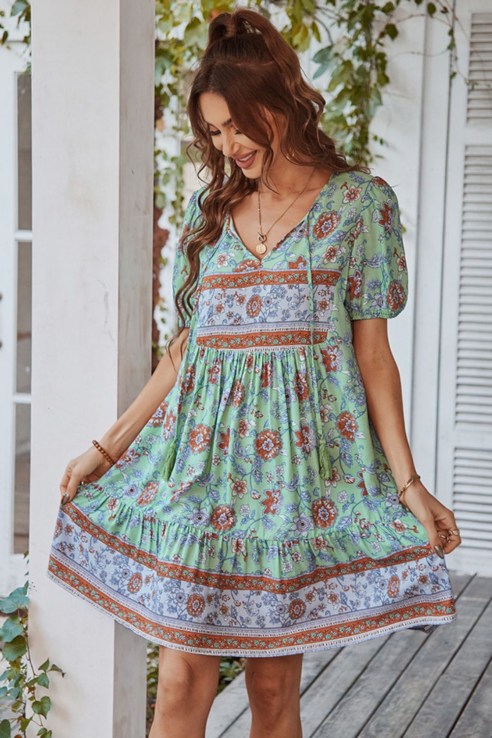 Casual Boho Floral Tie Neck Short Sleeve Mini Dress