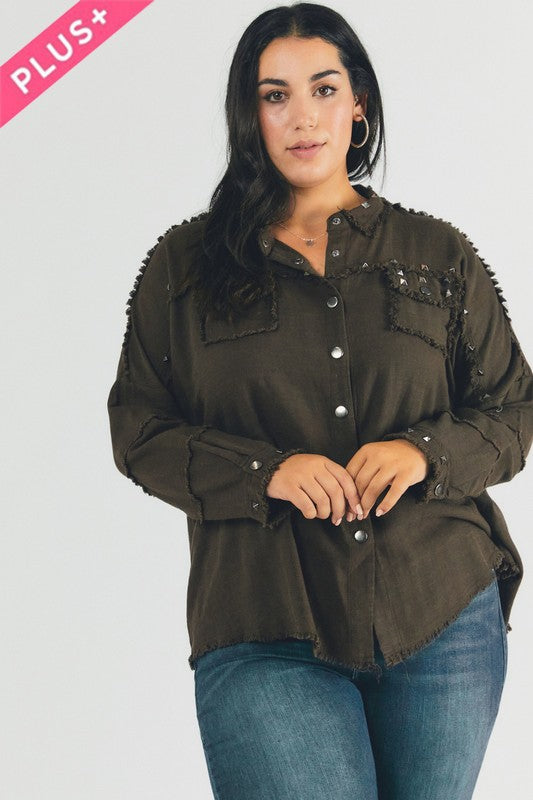 DAVI & DANI PLUS Distressed hem button down oversize shirt