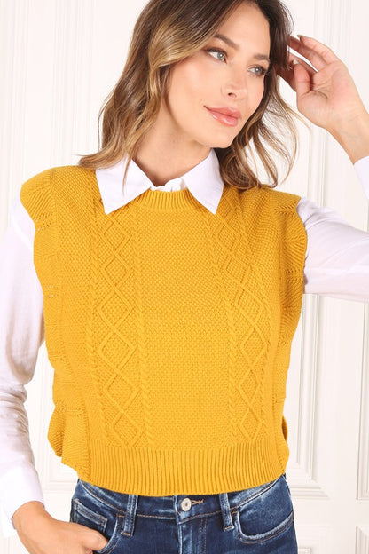 LILOU Mustard Ruffle Knit Sweater Vest