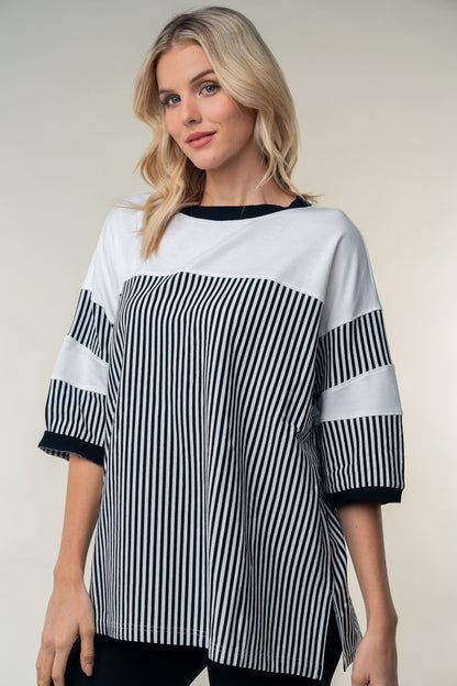 WHITE BIRCH Full Size Striped Contrast Round Neck Top