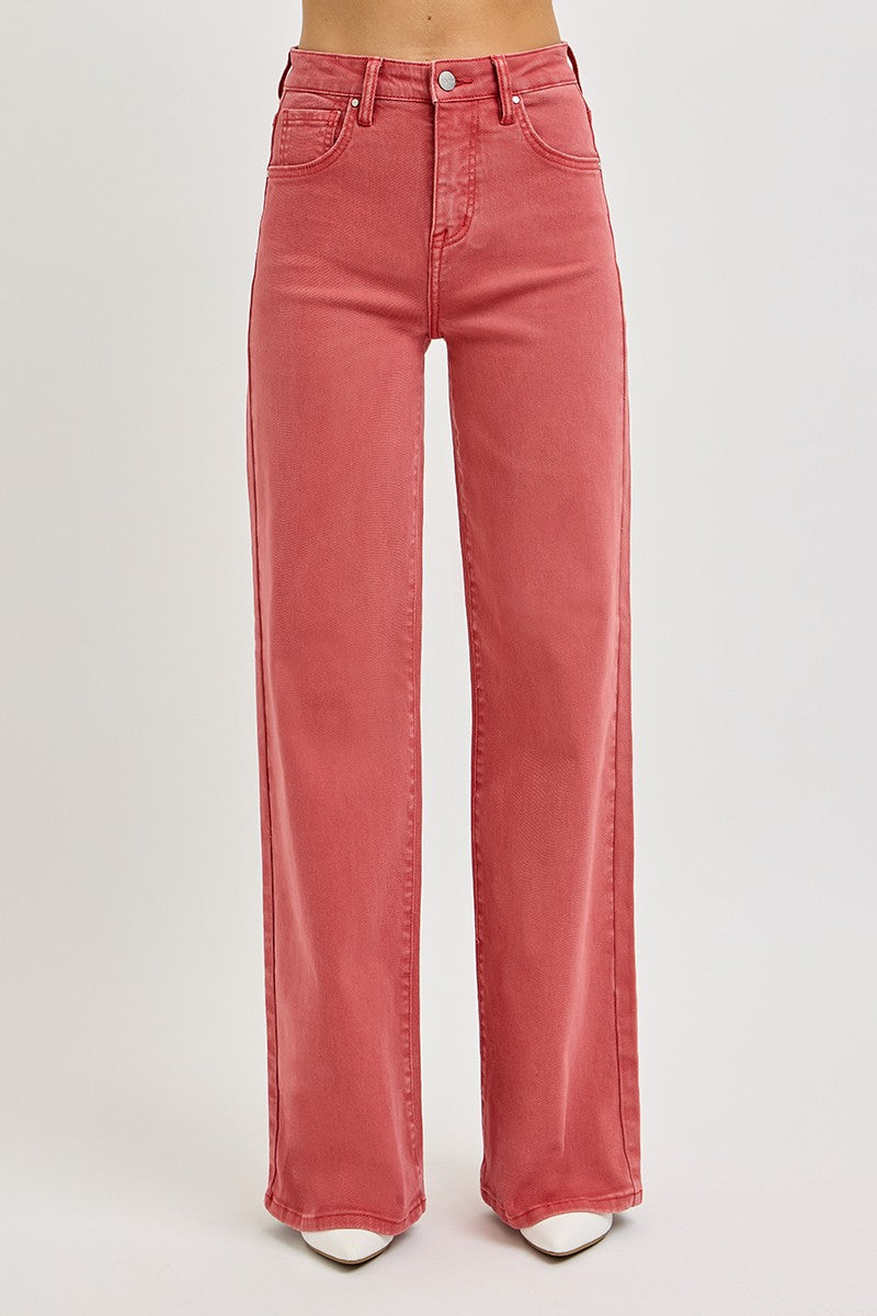 RISEN Full Size High Rise Tummy Control Wide Leg Jeans in Red Brick color