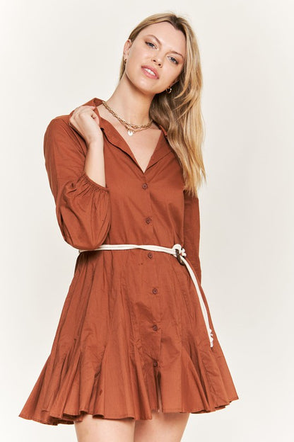 JADE by JANE Mini Flare Long Sleeve Shirt Dress with a Belt