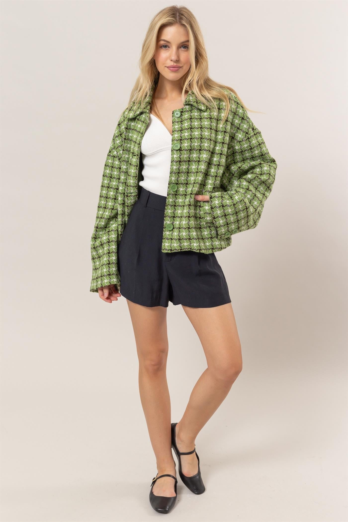 HYFVE Green Tweed Plaid Button Up Collared Neck Jacket with Dropped Shoulders