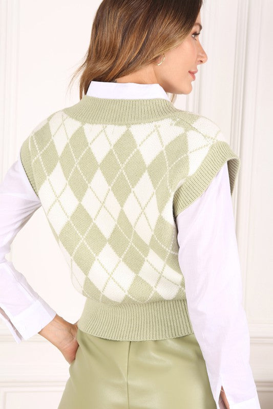 LILOU Knitted Argyle Sweater Vest