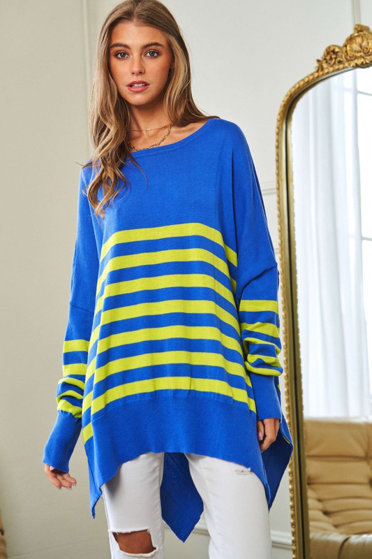 DAVI & DANI Multi Striped Elbow Patch Loose Fit Sweater Top