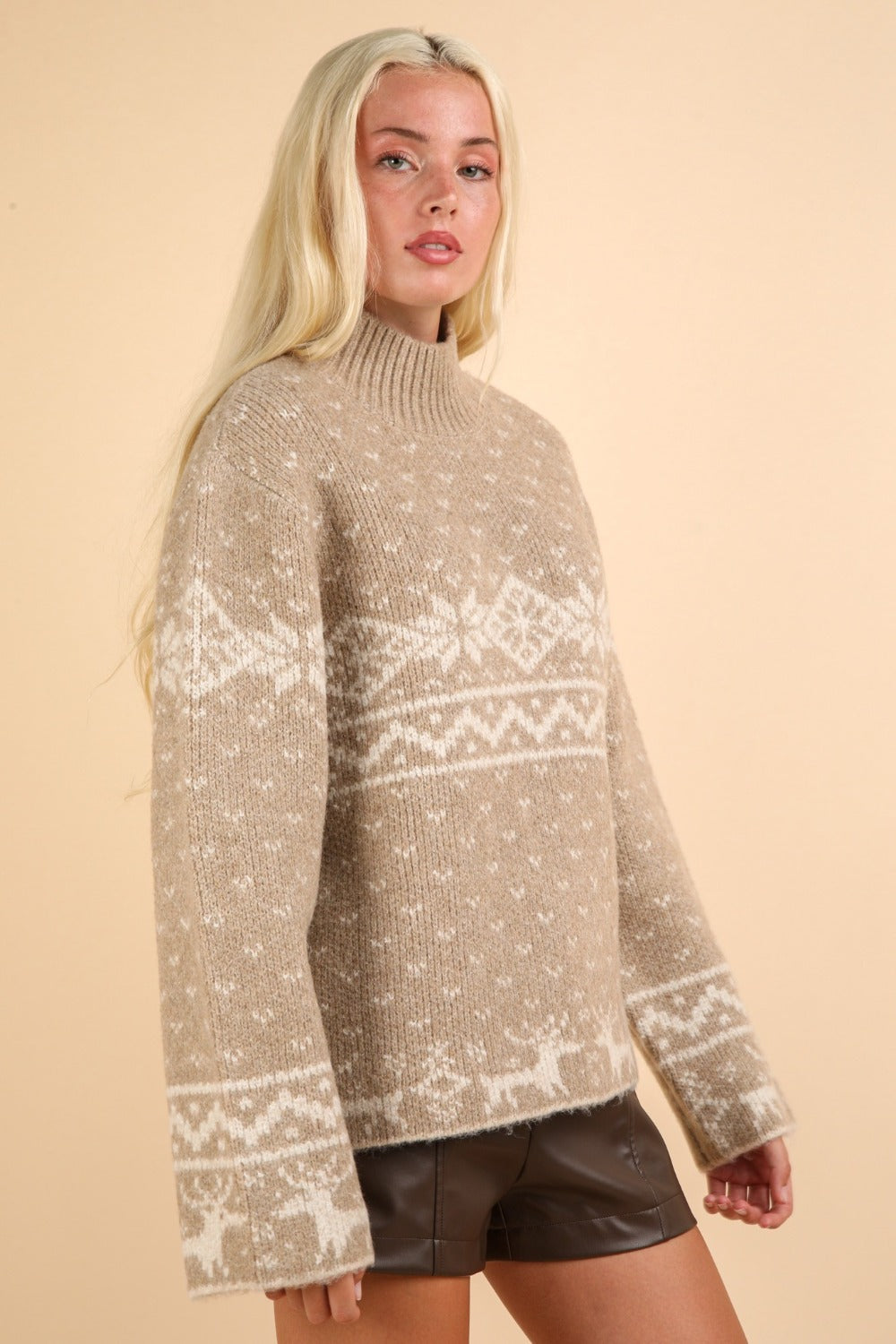 VERY J Mocha Christmas Element Mock Neck Long Sleeve Sweater