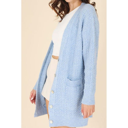 LILOU Light Blue Wool blended cable knitted cardigan