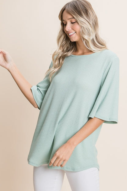 BOMBOM Round Neck Waffle Knit Flare Short Sleeves