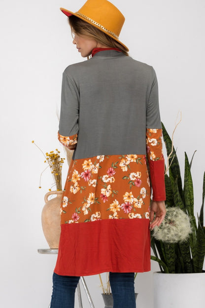 CELESTE Full Size Floral Color Block Open Front Cardigan