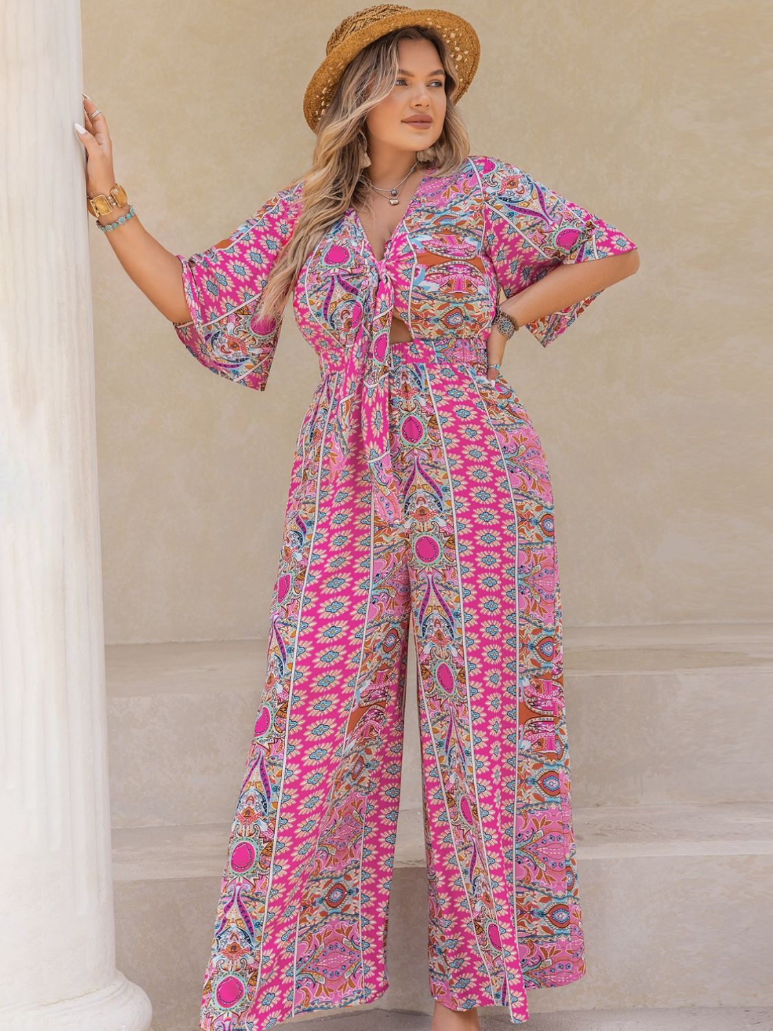 H.R.Z. Plus Size Printed Half Sleeve Wide Leg Jumpsuit