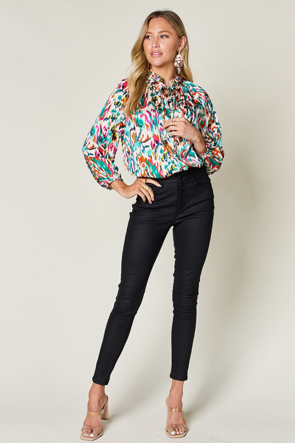 DOUBLE TAKE Full Size Printed Tied Neck Long Sleeve Blouse