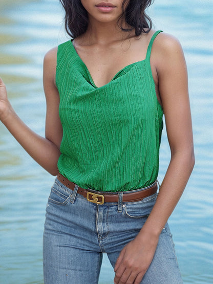 Textured Mid-green Asymmetrical Neck Bodysuit