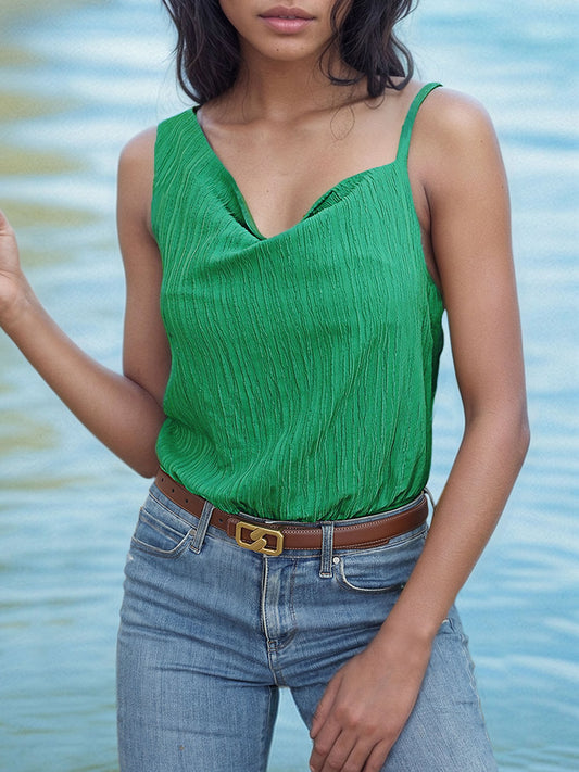 Textured Mid-green Asymmetrical Neck Bodysuit