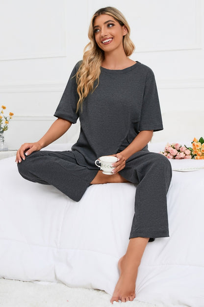 2 Piece Dark Grey Slit Round Neck Top and Pants Lounge Set