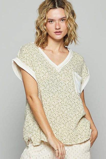 POL Women's  Almond/Ivory Floral V-Neck Top with Short Sleeve