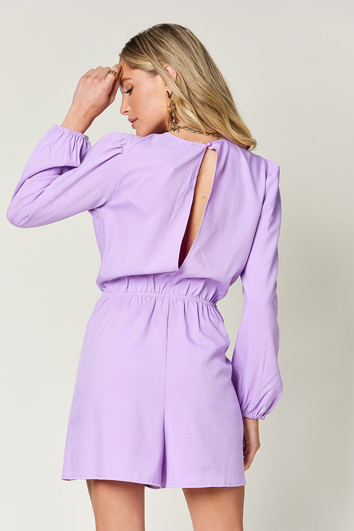 DOUBLE TAKE Full Size Lavender Drawstring Long Sleeve Romper